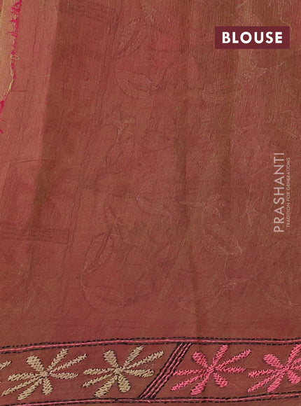 Cotton saree dual shade of greenish pink with kantha stitch work and kantha stitch work pallu