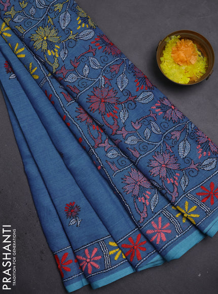 Cotton saree blue with kantha stitch work and kantha stitch work pallu