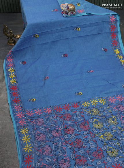 Cotton saree blue with kantha stitch work and kantha stitch work pallu