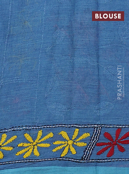 Cotton saree blue with kantha stitch work and kantha stitch work pallu
