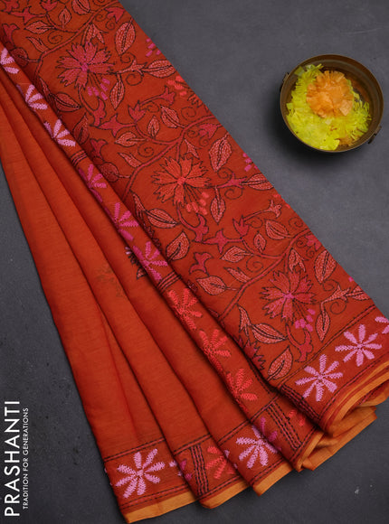 Cotton saree rustic orange with kantha stitch work and kantha stitch work pallu