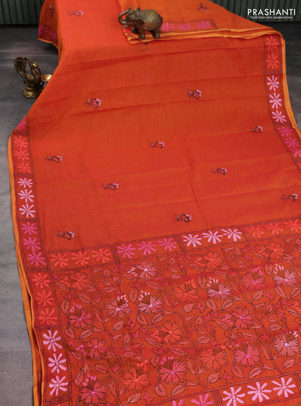 Cotton saree rustic orange with kantha stitch work and kantha stitch work pallu