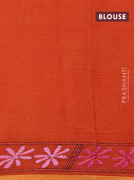 Cotton saree rustic orange with kantha stitch work and kantha stitch work pallu