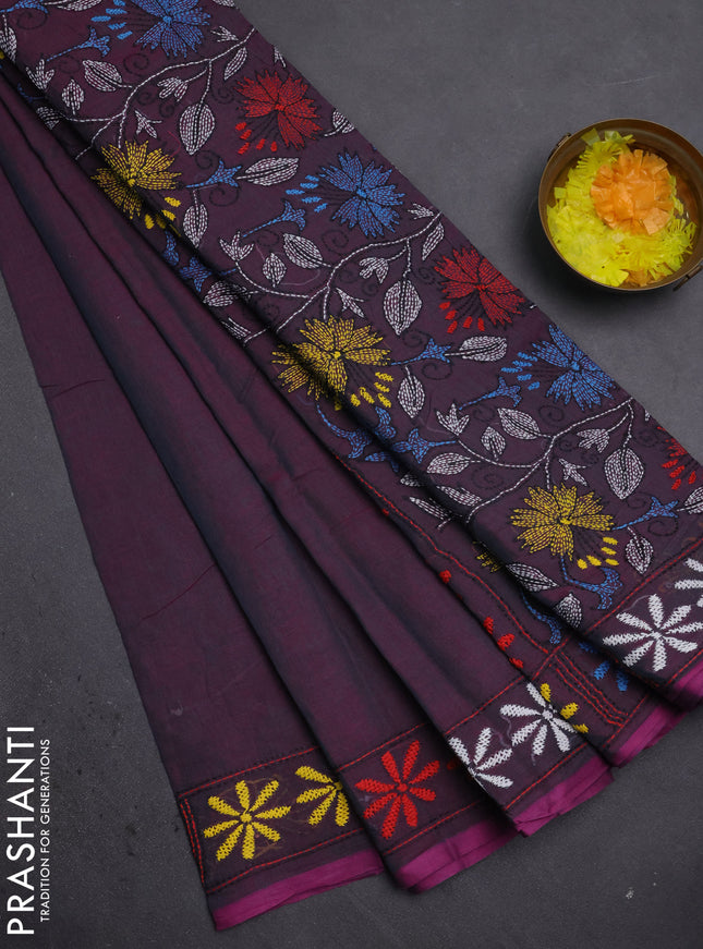Cotton saree dual shade of bluish purple with kantha stitch work and kantha stitch work pallu
