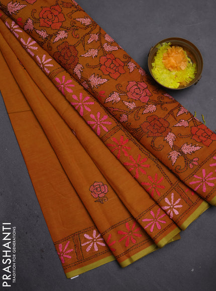 Cotton saree dark mustard with kantha stitch work and kantha stitch work pallu
