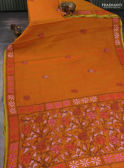 Cotton saree dark mustard with kantha stitch work and kantha stitch work pallu
