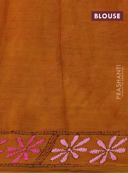 Cotton saree dark mustard with kantha stitch work and kantha stitch work pallu