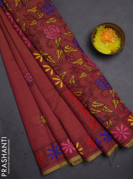 Cotton saree dual shade of pink and yellow with kantha stitch work and kantha stitch work pallu