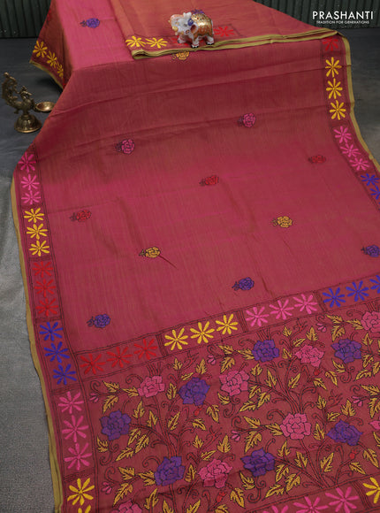 Cotton saree dual shade of pink and yellow with kantha stitch work and kantha stitch work pallu