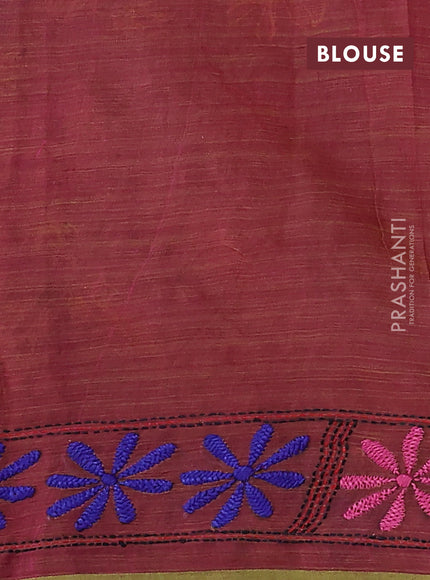 Cotton saree dual shade of pink and yellow with kantha stitch work and kantha stitch work pallu