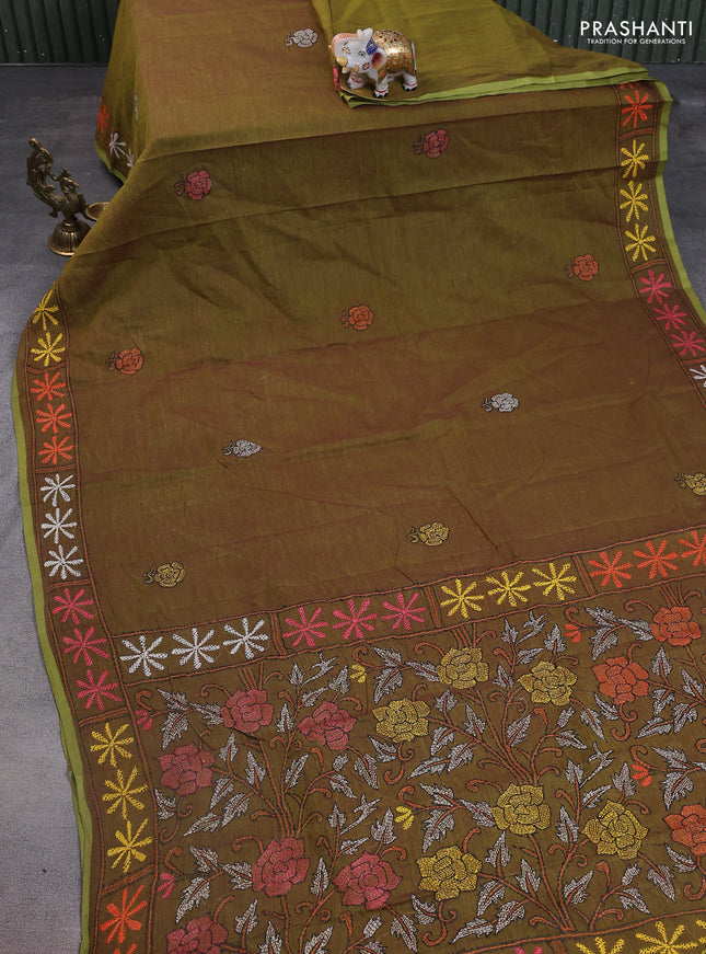 Cotton saree light green with kantha stitch work and kantha stitch work pallu