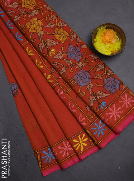Cotton saree dark mustard with kantha stitch work and kantha stitch work pallu
