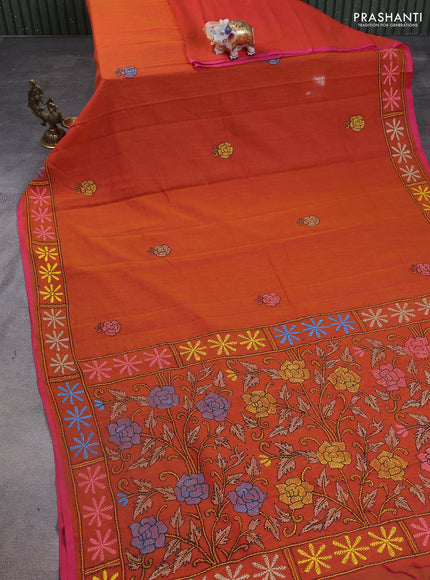Cotton saree dark mustard with kantha stitch work and kantha stitch work pallu
