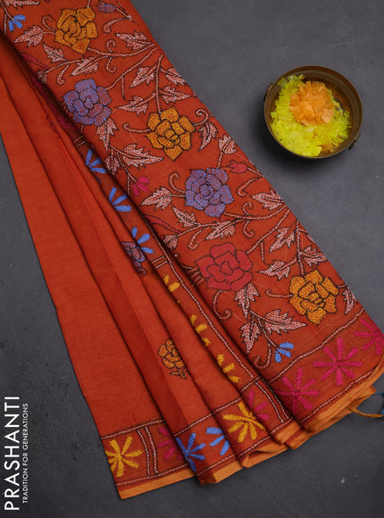 Cotton saree dark mustard with kantha stitch work and kantha stitch work pallu
