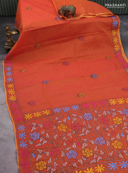 Cotton saree dark mustard with kantha stitch work and kantha stitch work pallu