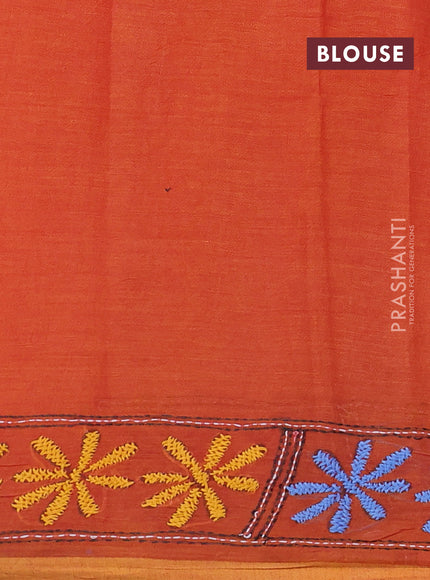 Cotton saree dark mustard with kantha stitch work and kantha stitch work pallu