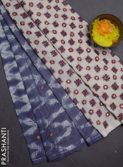 Cotton saree grey and cream with allover shibori prints & mirror work and kantha stitch work pallu