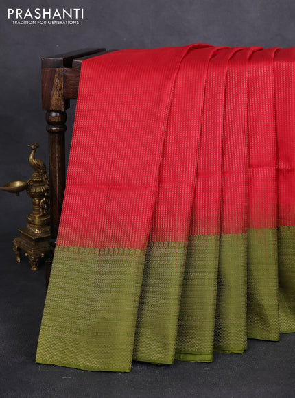 Pure soft silk saree red and mehendi green with allover zari weaves and long zari woven border