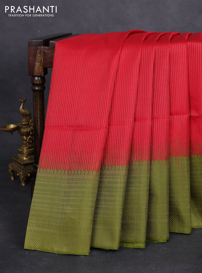 Pure soft silk saree red and mehendi green with allover zari weaves and long zari woven border