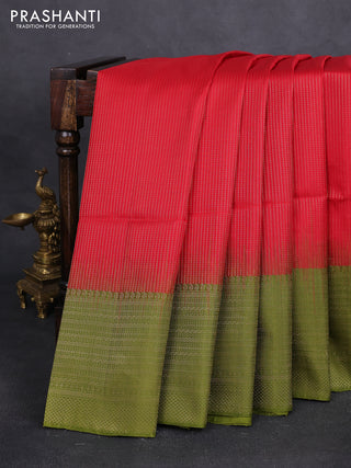 Pure soft silk saree red and mehendi green with allover zari weaves and long zari woven border