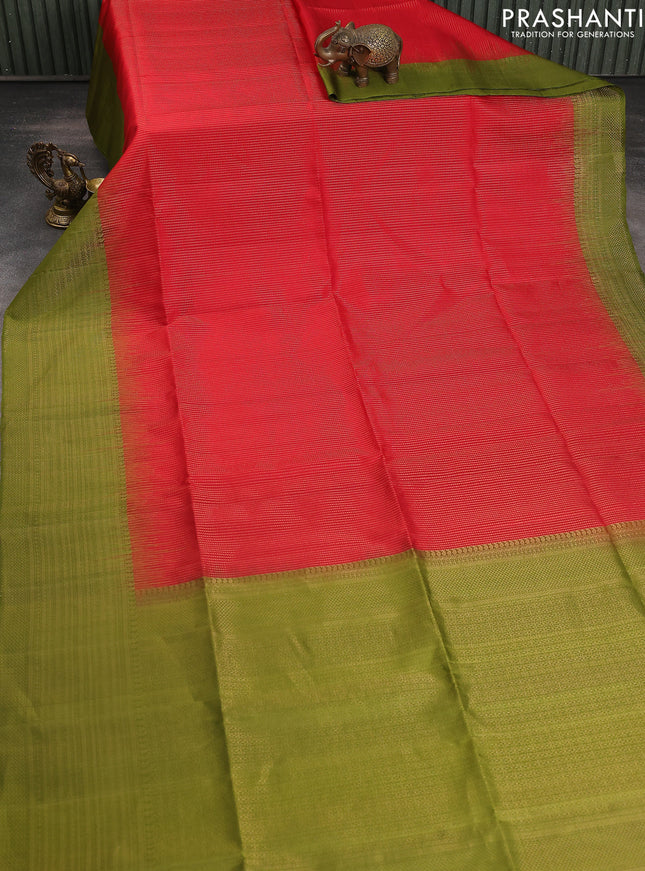 Pure soft silk saree red and mehendi green with allover zari weaves and long zari woven border