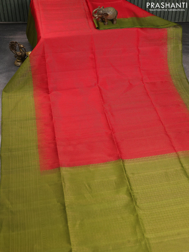 Pure soft silk saree red and mehendi green with allover zari weaves and long zari woven border