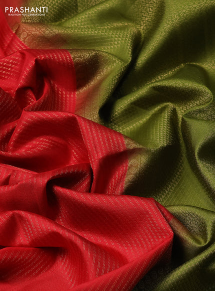 Pure soft silk saree red and mehendi green with allover zari weaves and long zari woven border