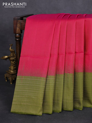 Pure soft silk saree pink and mehendi green with allover zari weaves and long zari woven border
