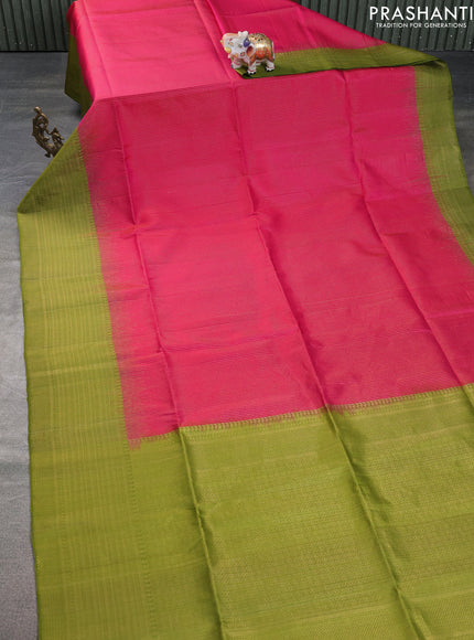 Pure soft silk saree pink and mehendi green with allover zari weaves and long zari woven border
