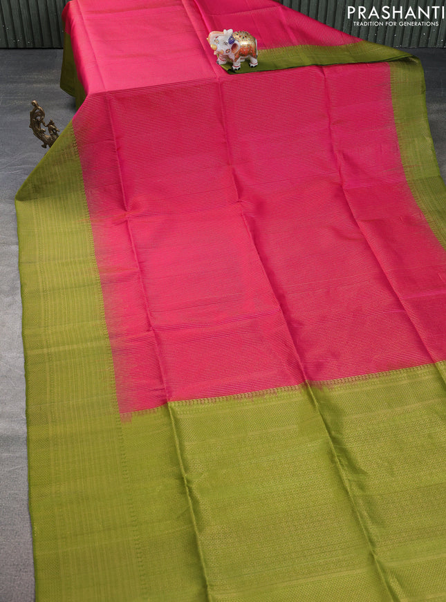 Pure soft silk saree pink and mehendi green with allover zari weaves and long zari woven border
