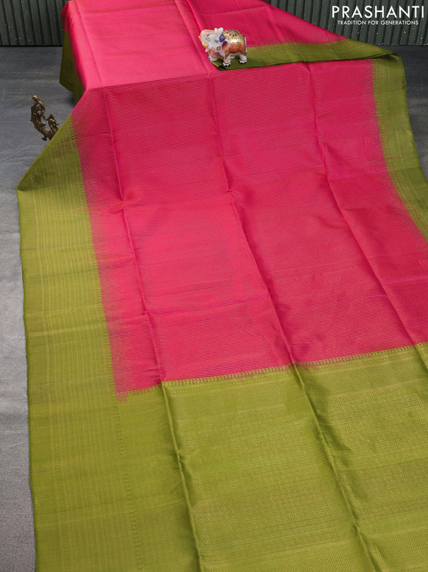 Pure soft silk saree pink and mehendi green with allover zari weaves and long zari woven border