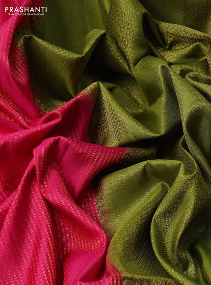 Pure soft silk saree pink and mehendi green with allover zari weaves and long zari woven border