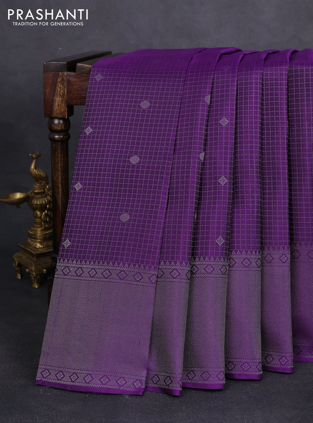 Pure soft silk saree violet with allover silver zari ckecked pattern and long silver zari woven border