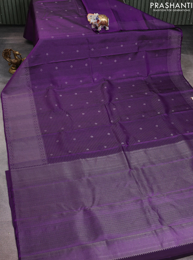 Pure soft silk saree violet with allover silver zari ckecked pattern and long silver zari woven border