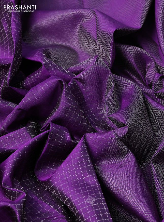 Pure soft silk saree violet with allover silver zari ckecked pattern and long silver zari woven border
