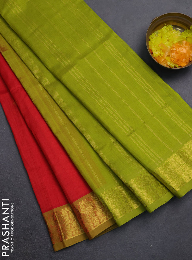 Silk cotton saree red and light green with zari woven buttas and annam zari woven border