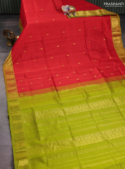 Silk cotton saree red and light green with zari woven buttas and annam zari woven border