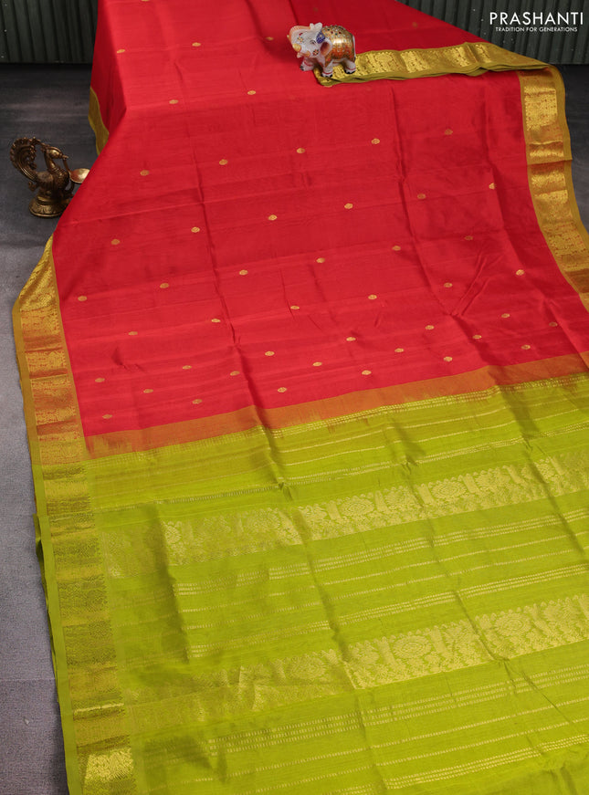 Silk cotton saree red and light green with zari woven buttas and annam zari woven border