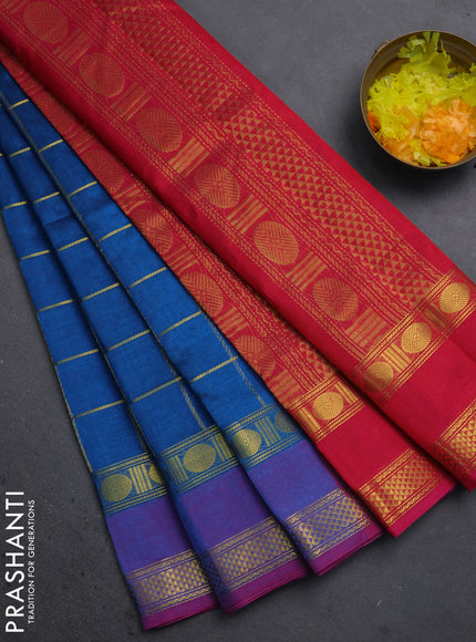Silk cotton saree peacock blue and pink with allover zari woven checks pattern and rettapet zari woven border