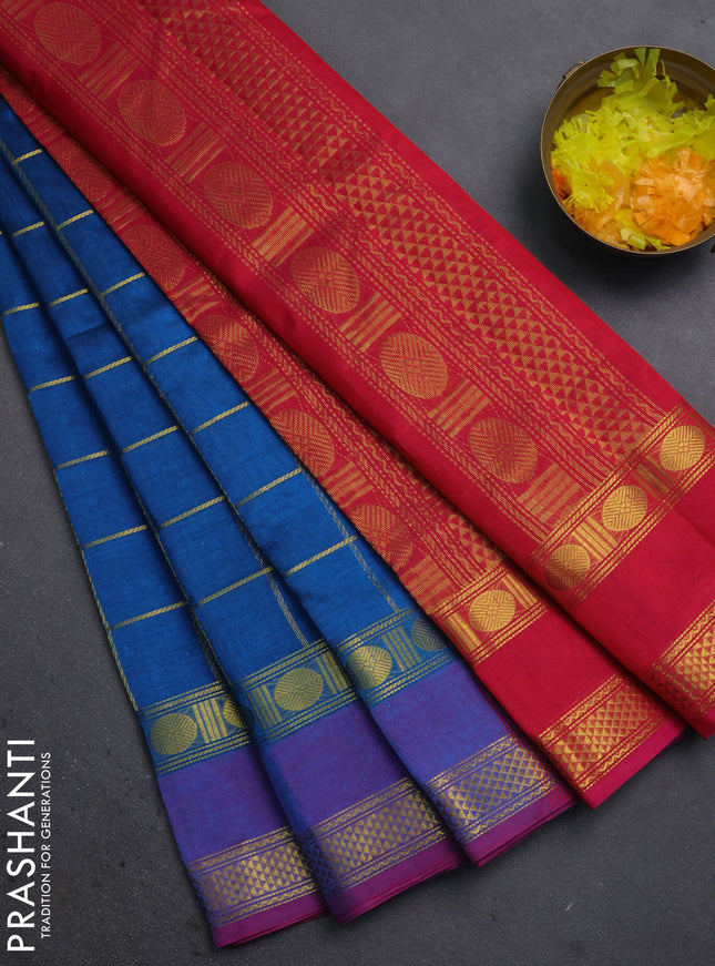 Silk cotton saree peacock blue and pink with allover zari woven checks pattern and rettapet zari woven border