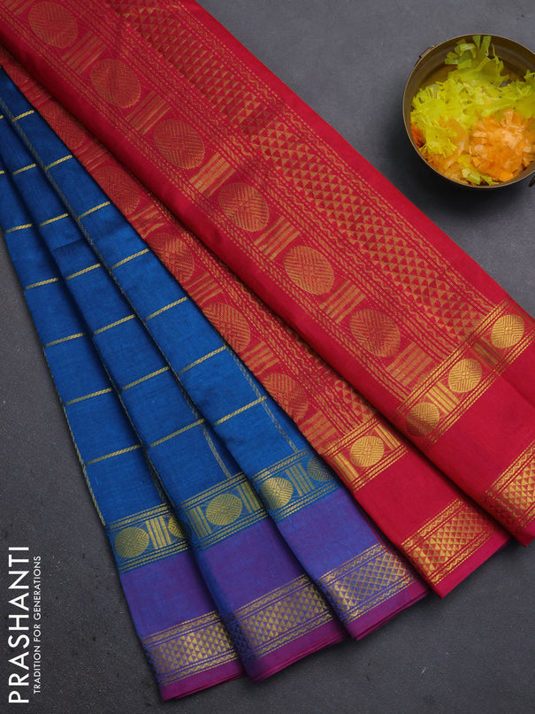 Silk cotton saree peacock blue and pink with allover zari woven checks pattern and rettapet zari woven border