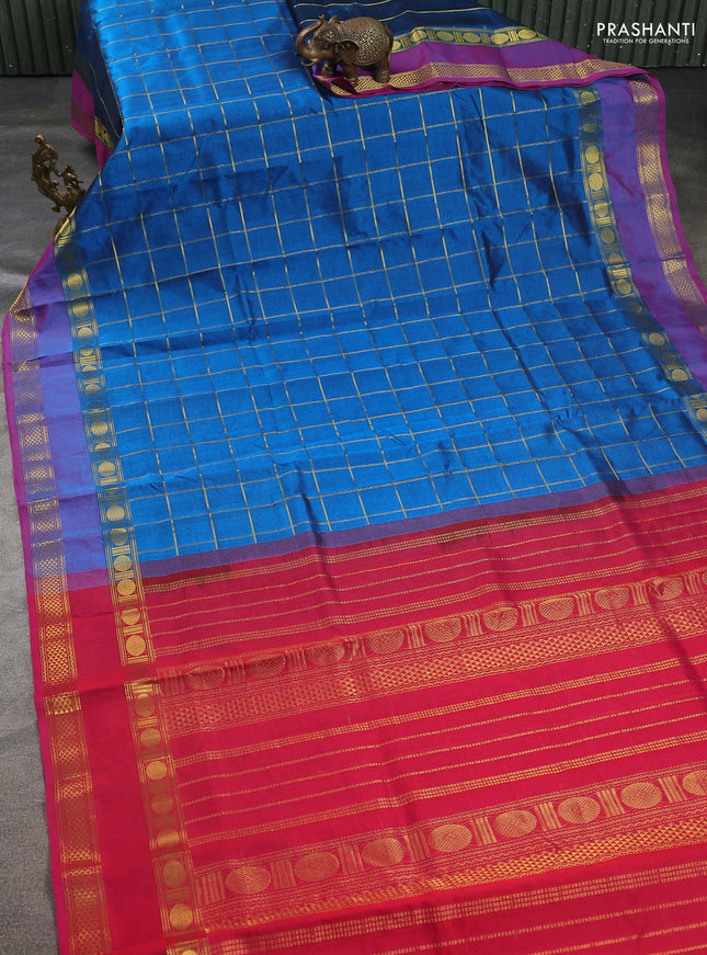 Silk cotton saree peacock blue and pink with allover zari woven checks pattern and rettapet zari woven border