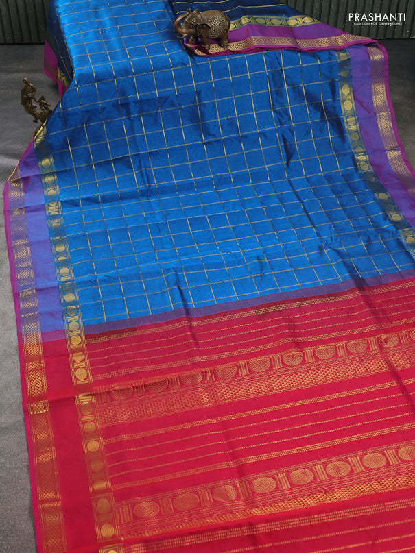 Silk cotton saree peacock blue and pink with allover zari woven checks pattern and rettapet zari woven border