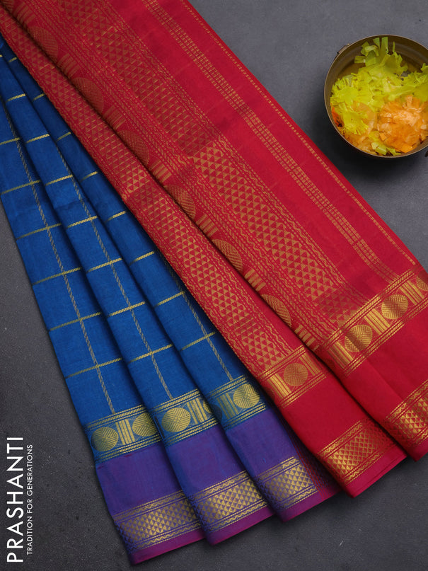 Silk cotton saree peacock blue and pink with allover zari woven checks pattern and zari woven border