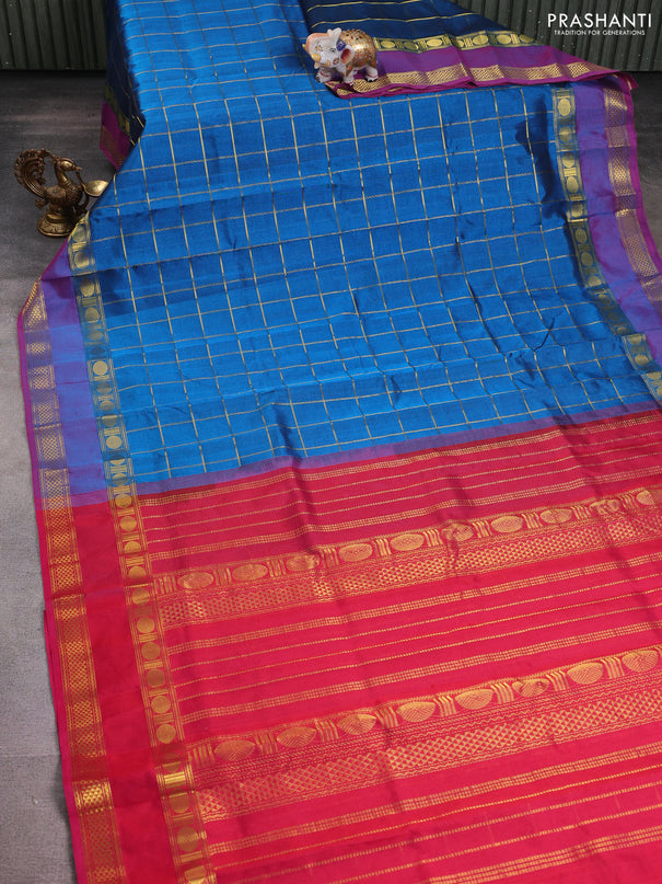 Silk cotton saree peacock blue and pink with allover zari woven checks pattern and zari woven border