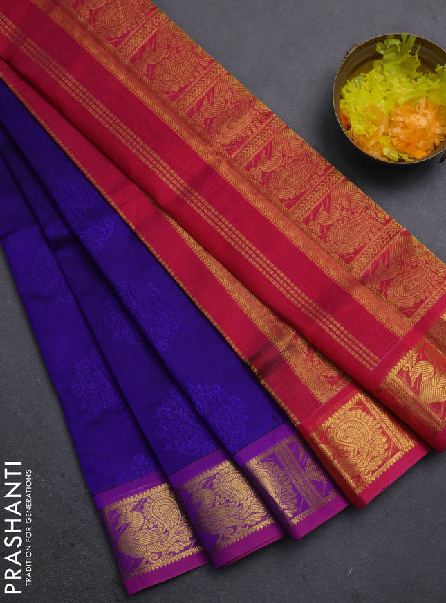 Silk cotton saree blue and pink with allover self emboss jacquard and annam zari woven border