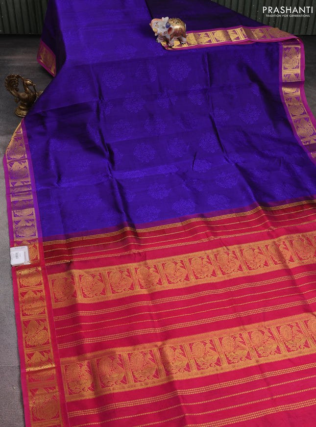 Silk cotton saree blue and pink with allover self emboss jacquard and annam zari woven border