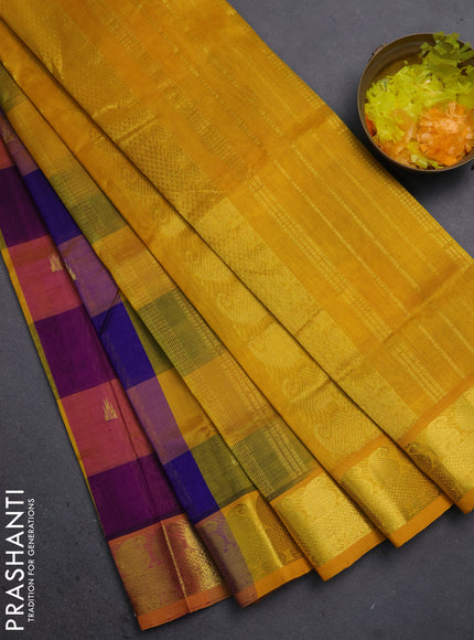 Silk cotton saree multi colour and yellow with allover paalum pazhamum checks pattern & temple zari buttas and zari woven paisley border