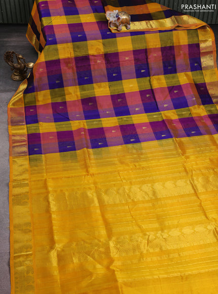 Silk cotton saree multi colour and yellow with allover paalum pazhamum checks pattern & temple zari buttas and zari woven paisley border