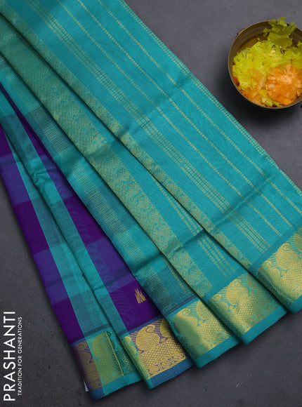 Silk cotton saree violet and teal green with allover paalum pazhamum checks pattern & temple zari buttas and zari woven paisley border